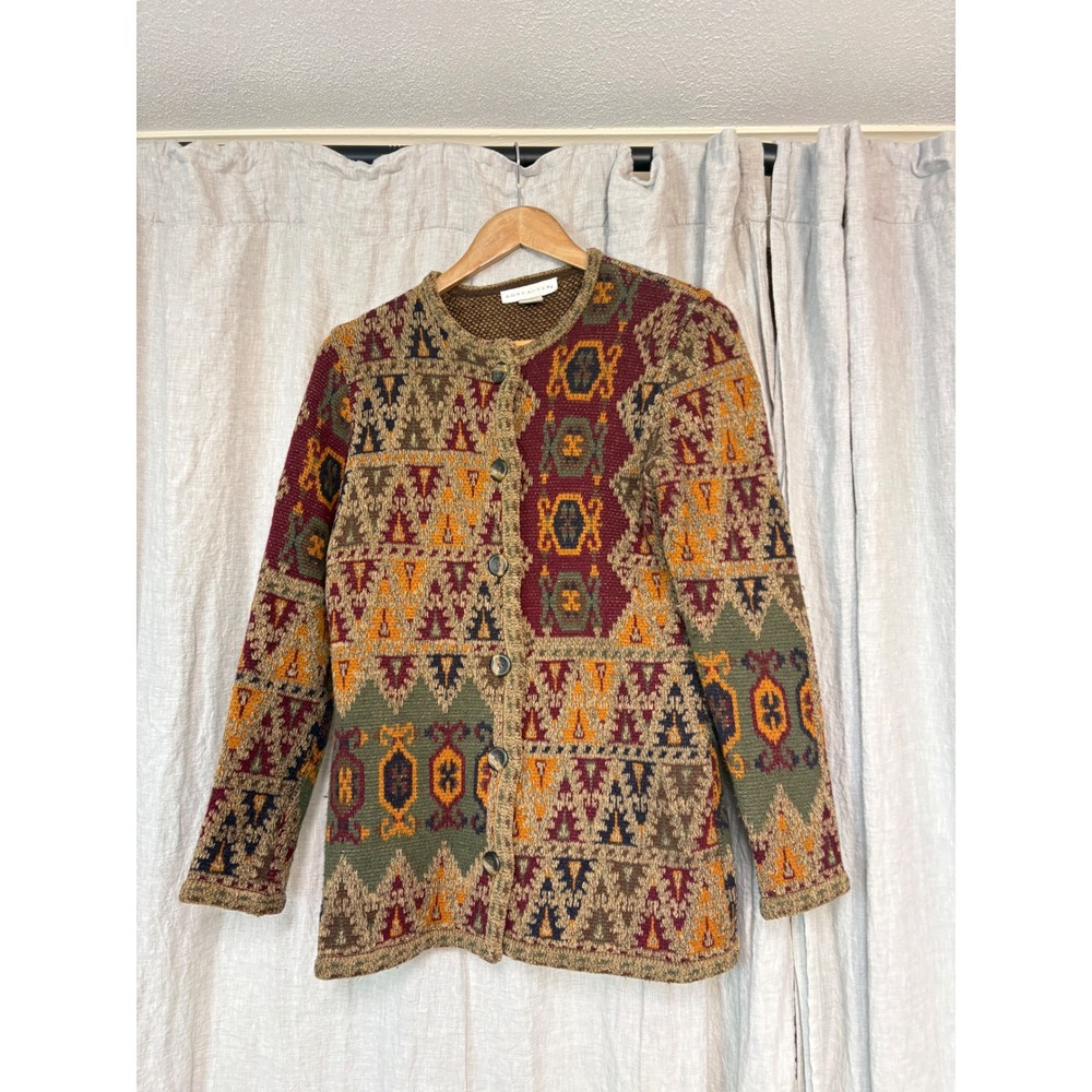 Doncaster Womens Wool Blend Tapestry Geometric Cardigan Sweater Burgundy Green S